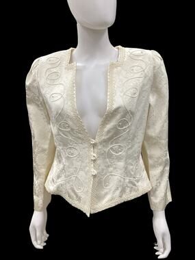 Vintage Nah Nah  Blazer Women’s Size M 3Faux Pearl Closure Embossed Fabric Ivory